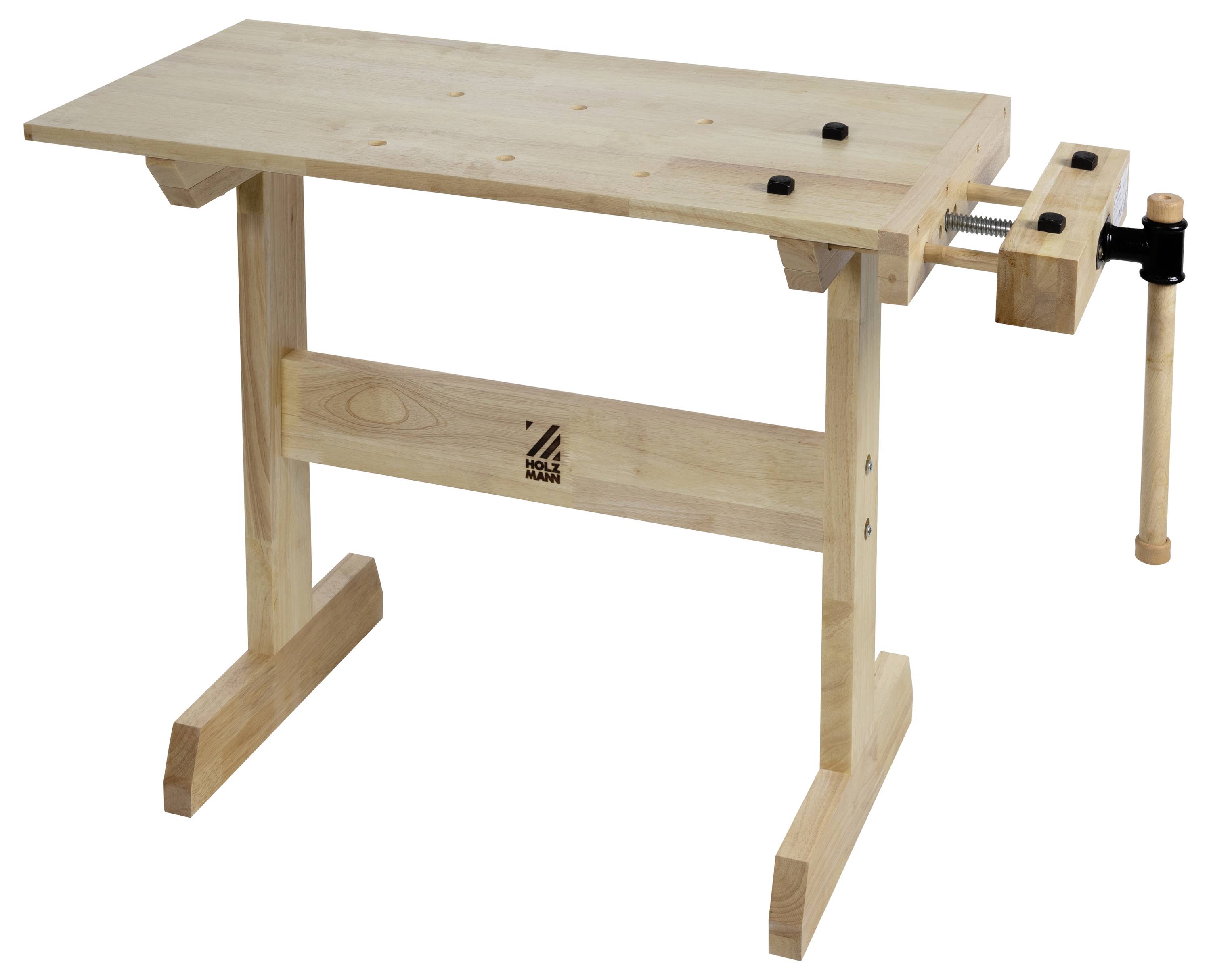 Een houten werkbank met een ingebouwde bankschroef aan de rechterkant, ontworpen voor houtbewerkingstaken, met stevige poten en een gladde tafelblad oppervlakte.