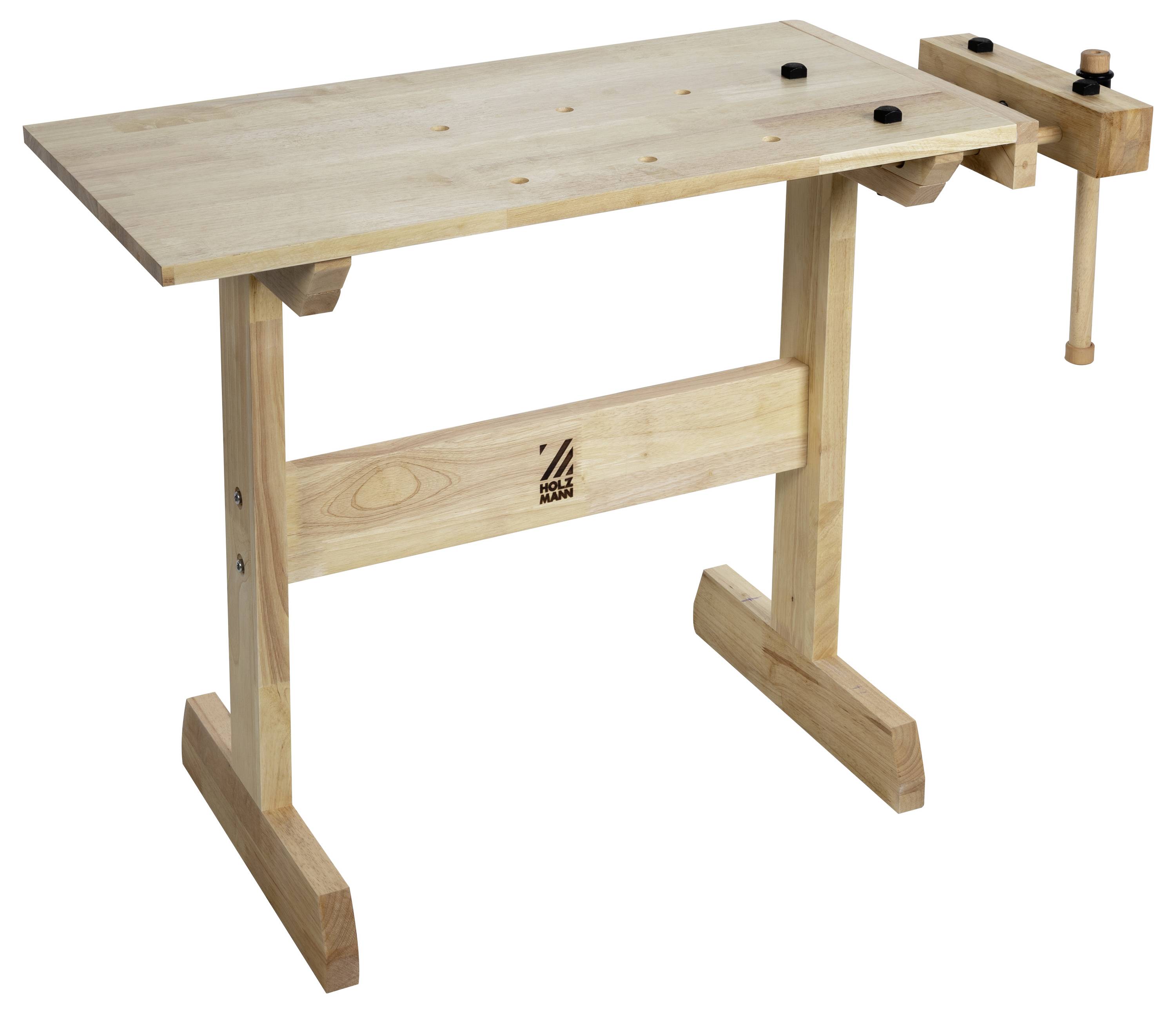 Een houten werkbank met een gladde bovenplaat, een bankschroef aan de rechterkant, en stevige poten. Geschikt voor timmerwerk of kleine projecten.