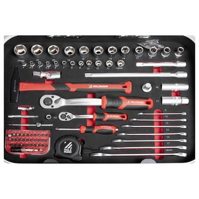 Gereedschapsset in een koffer bevat verschillende dopsleutels, moersleutels, een hamer, schroevendraaiers, een ratel en een meetlint. Ideaal voor mechanische werkzaamheden.