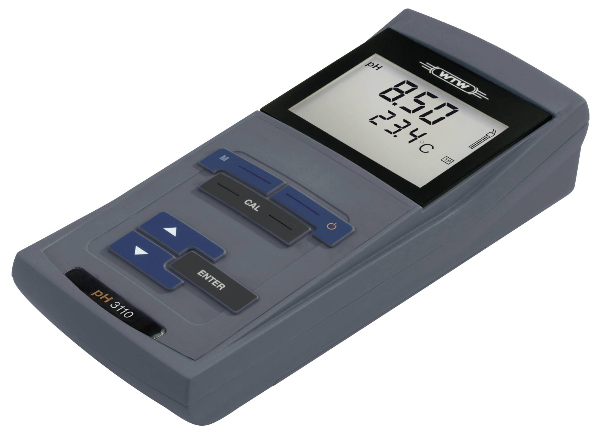 Een digitale pH-meter die een aflezing van pH 8,50 en temperatuur 23,4°C weergeeft, met knoppen voorzien van de labels 'CAL', 'ENTER' en richtingspijltjes.