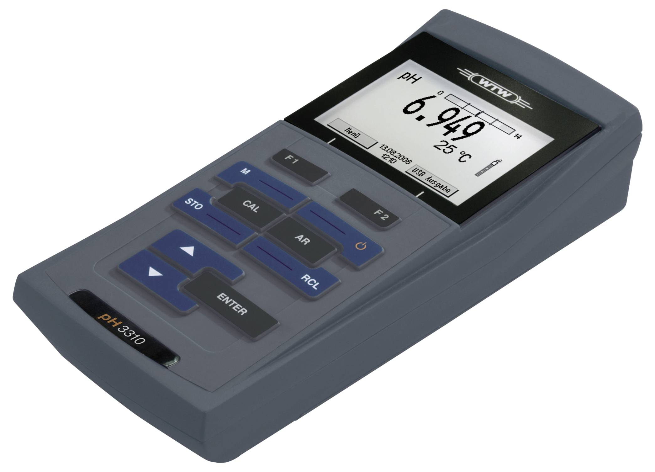Handheld digitale pH-meter die een aflezing van 6,949 pH weergeeft bij 25°C, met bedieningsknoppen voor kalibratie en het ophalen van metingen.