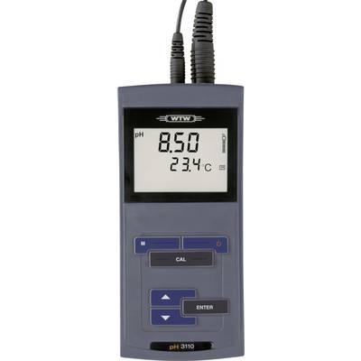 De afbeelding toont een handheld apparaat dat een pH-niveau van 8,50 en een temperatuur van 23,4°C weergeeft, gebruikt voor het meten van waterkwaliteit.