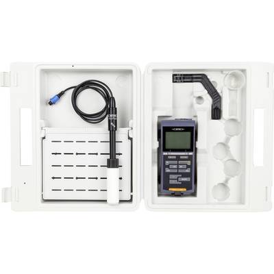 Een gereedschapsset die een digitaal apparaat met een scherm en knoppen bevat, en een afneembare sensorkabel, allemaal ondergebracht in een witte behuizing met vakken voor organisatie.