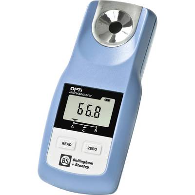 Een draagbare digitale refractometer met '66,8' weergegeven op het scherm, met bedieningsknoppen gelabeld 'METEN' en 'NUL', van het merk 'Bellingham + Stanley'.