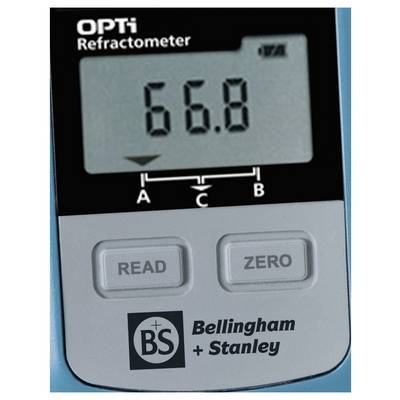 Digitale refractometer display toont '66,8'. Knoppen gelabeld als 'METEN' en 'NUL'. Merk 'Bellingham + Stanley' zichtbaar daaronder.