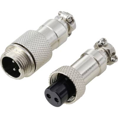 Twee metalen connectoren met een zilveren afwerking en een gegroefde grip, voorzien van mannelijke en vrouwelijke uiteinden, ontworpen voor veilige elektrische verbindingen.