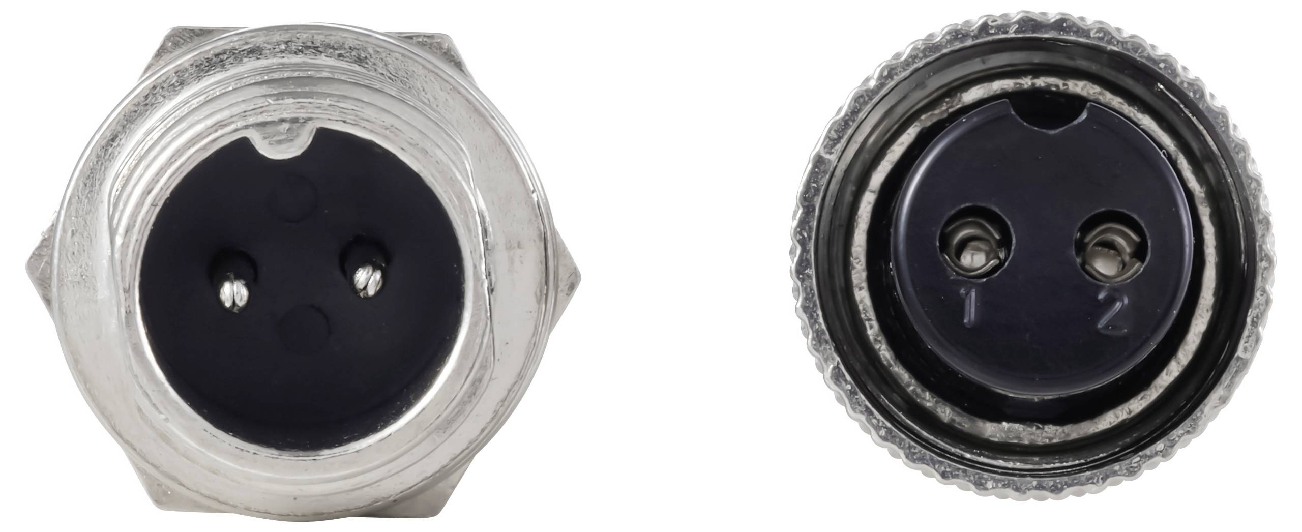 Twee metalen ronde connectoren met twee gaten en zichtbare pinnen, de ene met een geschroefd buitenoppervlak en de andere met een gladde afwerking.