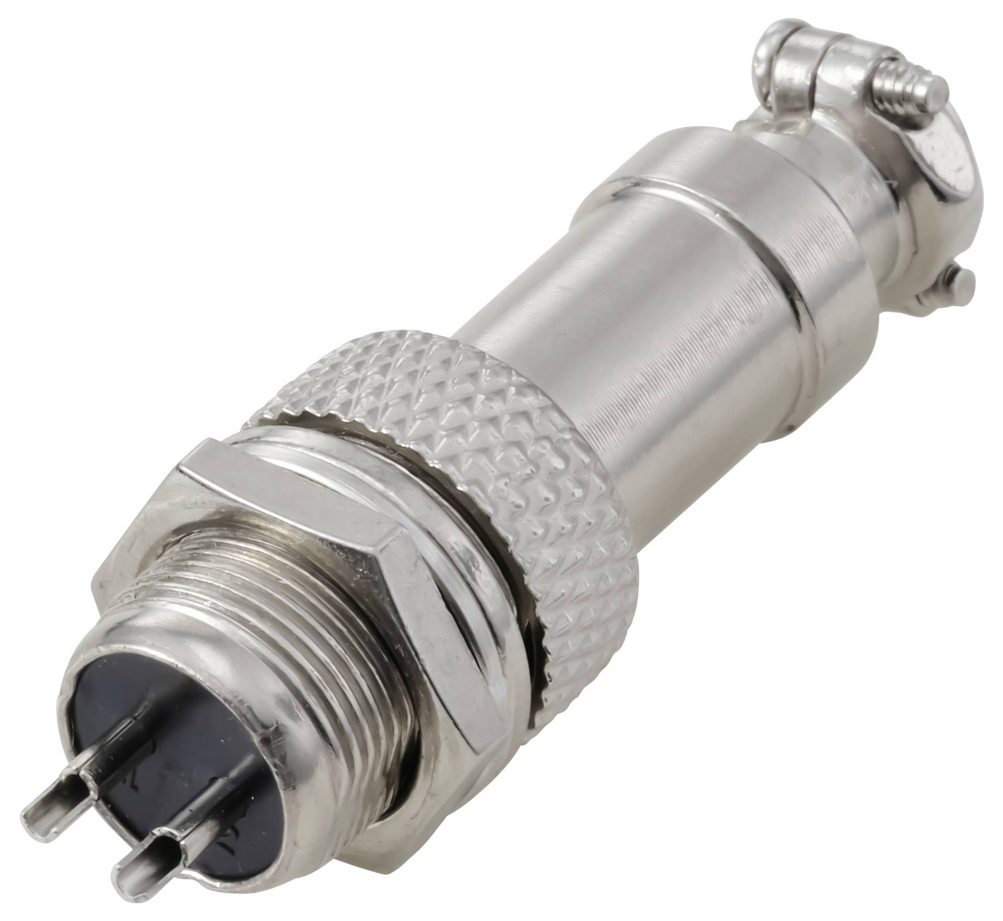 'Een metalen cilindrische elektrische connector met een gestructureerde grip en twee pinnen, gebruikt voor het aansluiten of loskoppelen van elektronische apparaten.'