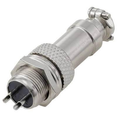 'Een metalen cilindrische elektrische connector met een gestructureerde grip en twee pinnen, gebruikt voor het aansluiten of loskoppelen van elektronische apparaten.'