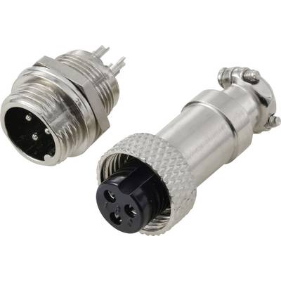 Een close-up van een metalen elektrische connector met drie pinnen en een bijpassende ronde bus, weergegeven vanuit verschillende hoeken voor gedetailleerd zicht.