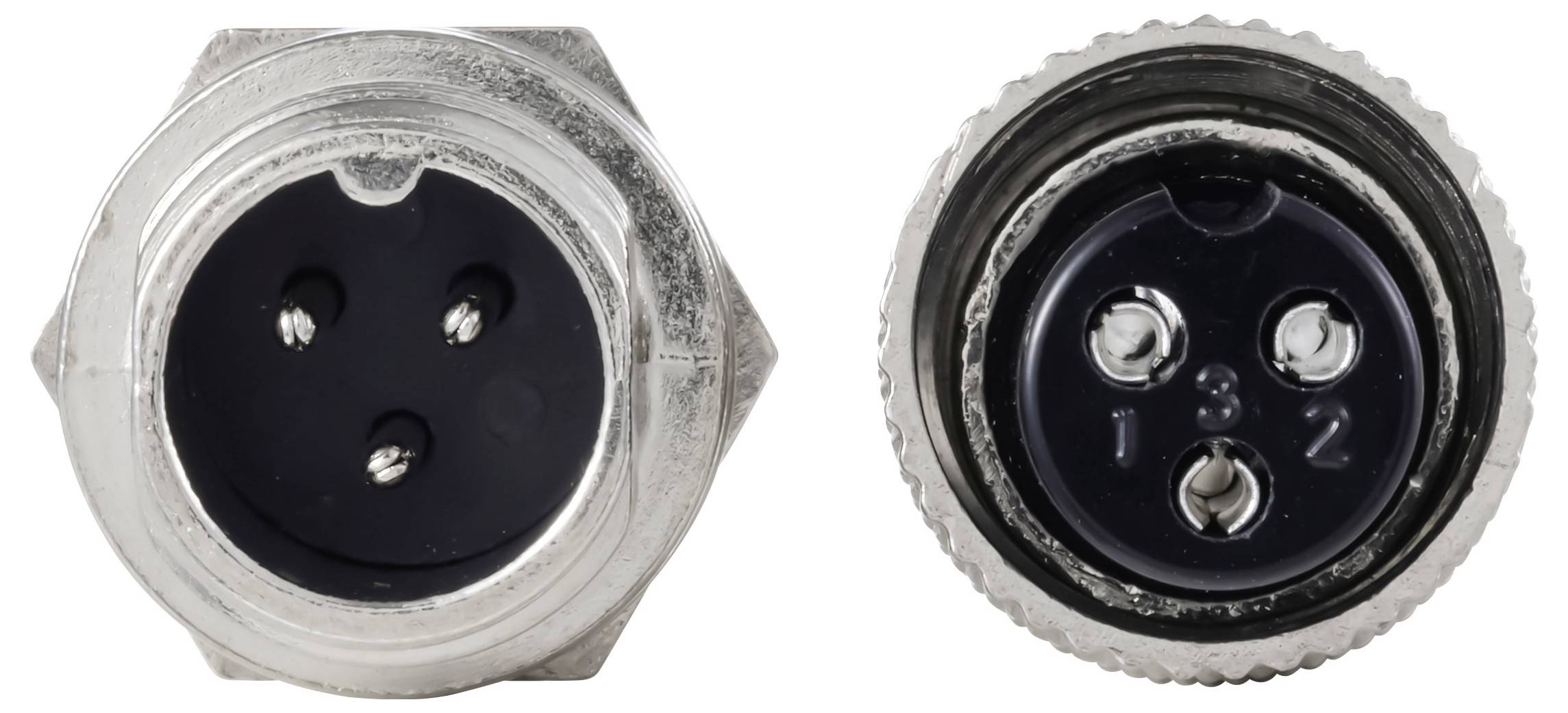 'Twee circulaire metalen connectoren met elk drie pinnen, gelabeld als 1, 2, 3 op één connector, gebruikt voor elektrische verbindingen.'