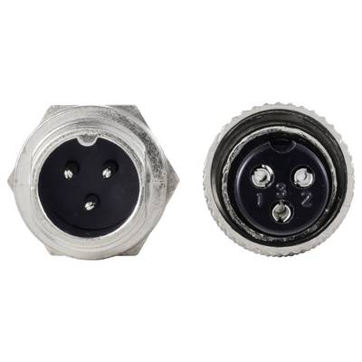 'Twee circulaire metalen connectoren met elk drie pinnen, gelabeld als 1, 2, 3 op één connector, gebruikt voor elektrische verbindingen.'