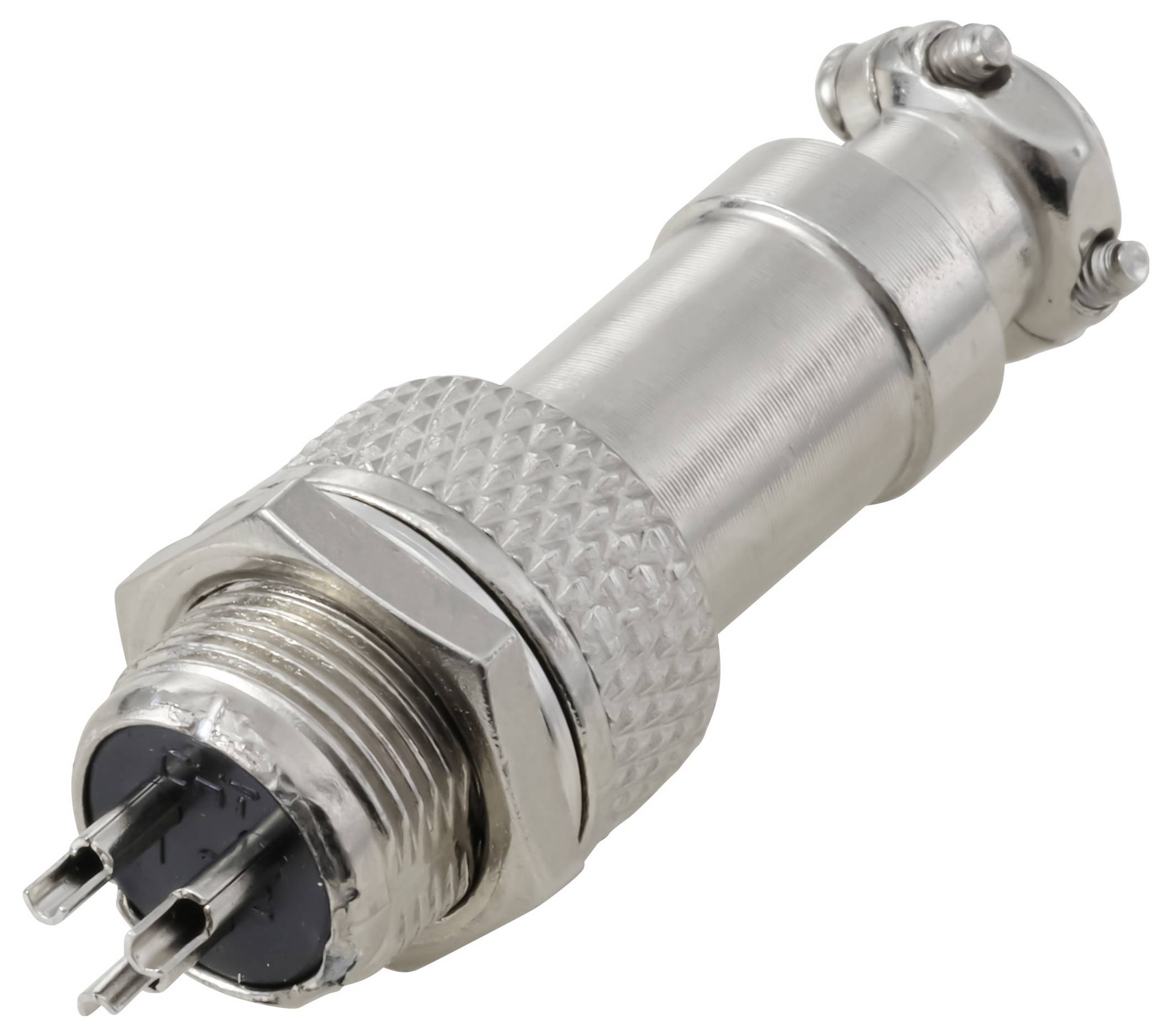 Een metalen elektrische connector met een geschroefd omhulsel en vier pinnen, gebruikt voor beveiligde verbindingen in elektronische systemen.