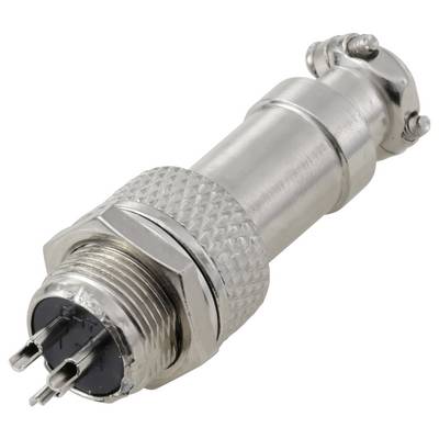 Een metalen elektrische connector met een geschroefd omhulsel en vier pinnen, gebruikt voor beveiligde verbindingen in elektronische systemen.
