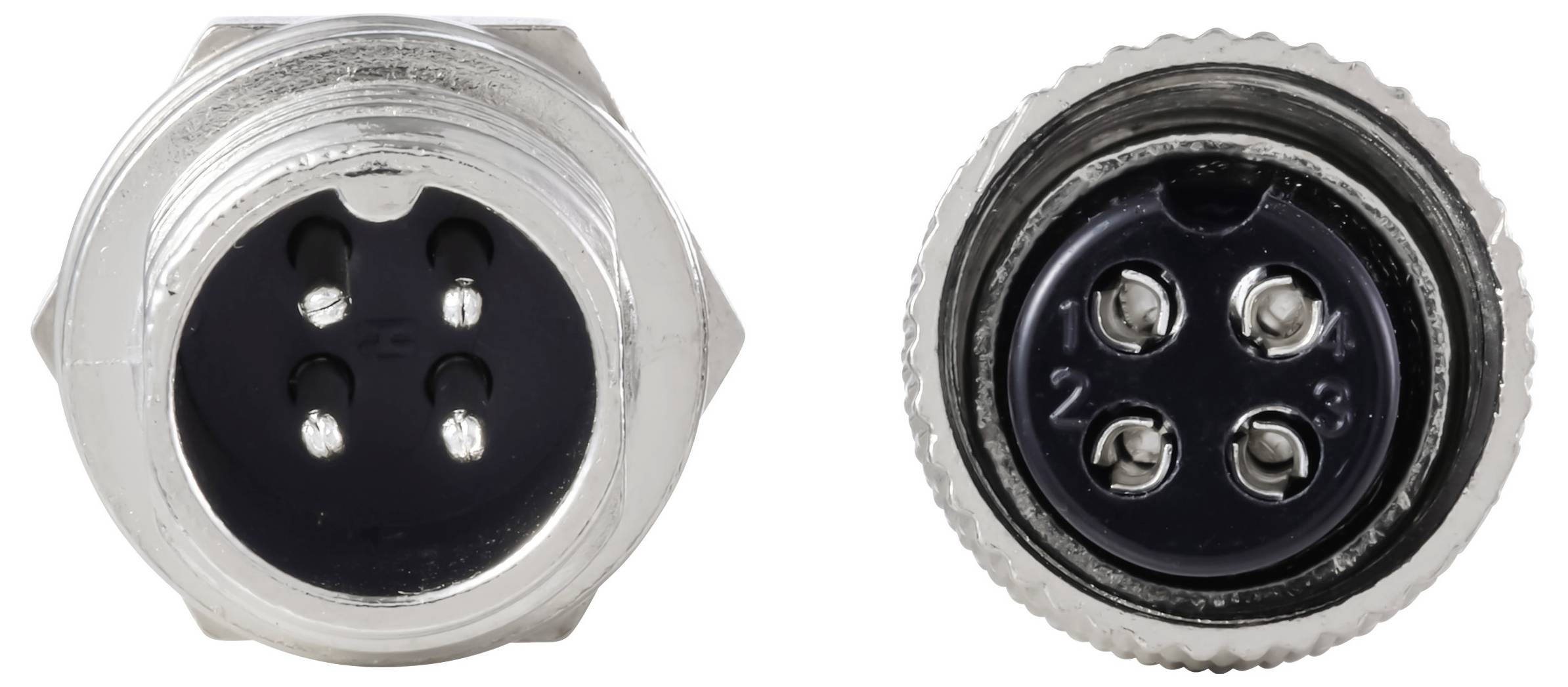 'Twee 5-pins ronde elektrische connectoren: één mannelijke aan de linkerkant, één vrouwelijke aan de rechterkant.'