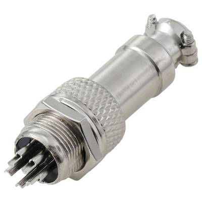 Een metalen, cilindrische elektrische connector met meerdere pennen, voorzien van een gestructureerde greepsectie en een bevestigingsmoer, bekeken vanaf de gepinde uiteinde.