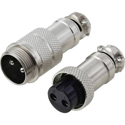 Twee metalen ronde connectoren, één mannelijk en één vrouwelijk, liggen naast elkaar. Ze beschikken over gekartelde grepen en vergrendelingsschroeven.