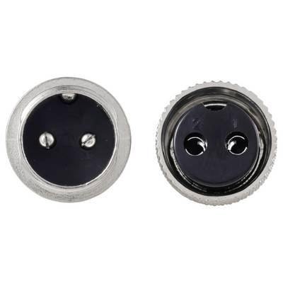 Twee zwarte ronde connectors met metalen behuizingen, elk met twee stekergaten en verschillende uitlijningsmarkeringen op hun oppervlakken.