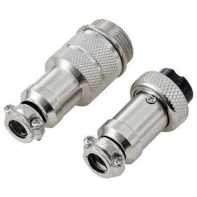 Twee metalen coaxiale connectors, cilindrisch met een gekartelde greep, naast elkaar geplaatst op een witte achtergrond.