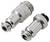 Twee metalen coaxiale connectors, cilindrisch met een gekartelde greep, naast elkaar geplaatst op een witte achtergrond.