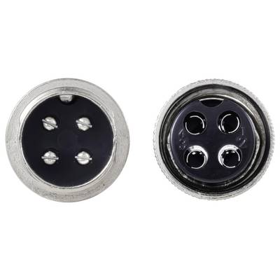 'Bovenaanzicht van twee ronde, elektrische connectors met vier pinnen en metalen behuizing, waarbij mannelijke en vrouwelijke aansluitingen voor verbindingsdoeleinden worden getoond.'