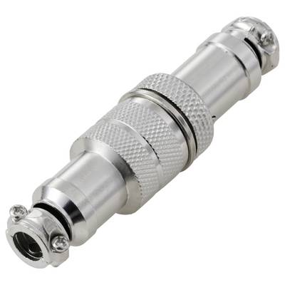 Een metalen cilindrische connector met een getextureerde grip en twee buitenste schroefringen, gebruikt voor het bevestigen van kabels in elektronische apparatuur.