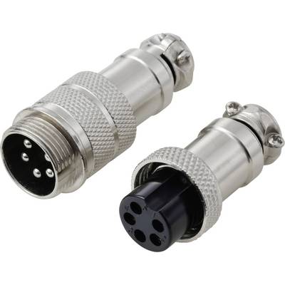 Twee metalen elektrische connectoren; de ene toont drie mannelijke pinnen, de andere vier vrouwelijke sleuven. Ze hebben een gekarteld oppervlak voor grip.