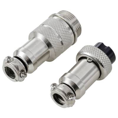 Twee zilveren metalen connectoren met getextureerde grepen en schroeven, gebruikt voor elektrische of kabelverbindingen. Een connector heeft een zwarte kap.