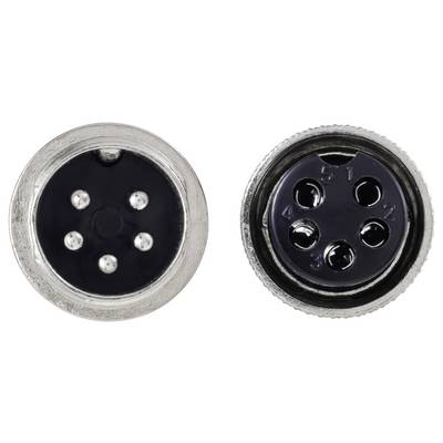 Een paar 5-pins ronde connectoren, gezien van voren, met genummerde pinindelingen. De metalen behuizingen hebben een glanzende afwerking.