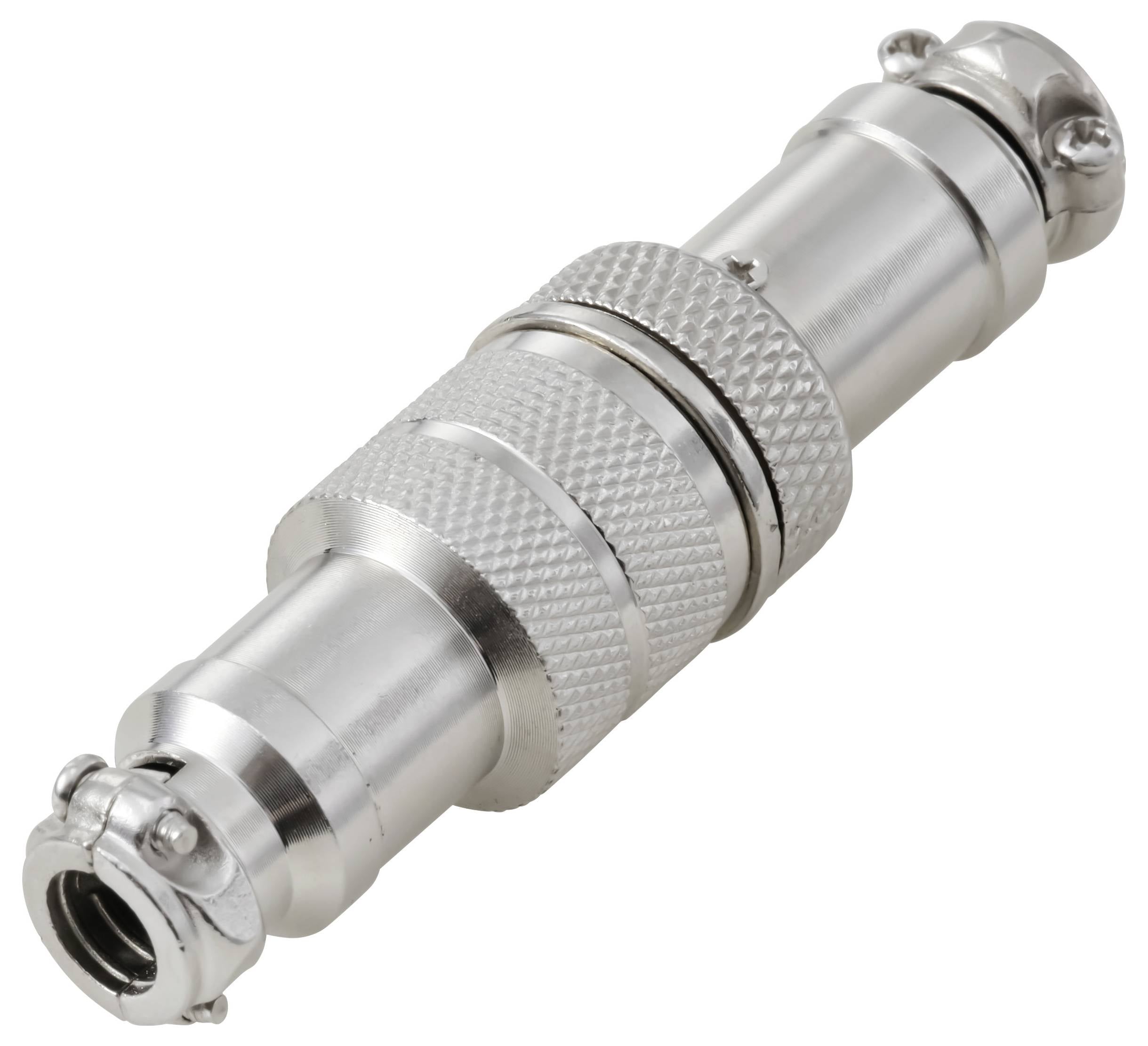 Een metalen BNC-connector, gebruikt voor het aansluiten van coaxiale kabels, voorzien van een gestructureerde grip en een vergrendelingsmechanisme met een pin.