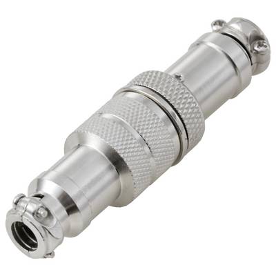 Een metalen BNC-connector, gebruikt voor het aansluiten van coaxiale kabels, voorzien van een gestructureerde grip en een vergrendelingsmechanisme met een pin.
