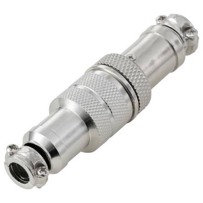 Een zilveren metalen industriële connector met een gekartelde grip en schroefuiteinden, ontworpen voor veilige elektrische verbindingen in machines.