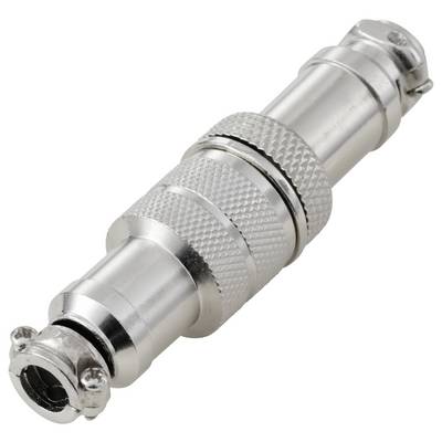 Een zilveren metalen connector met een geribde grip en een circulair vergrendelingsmechanisme, gebruikt voor veilige audio- of datakabelverbindingen.