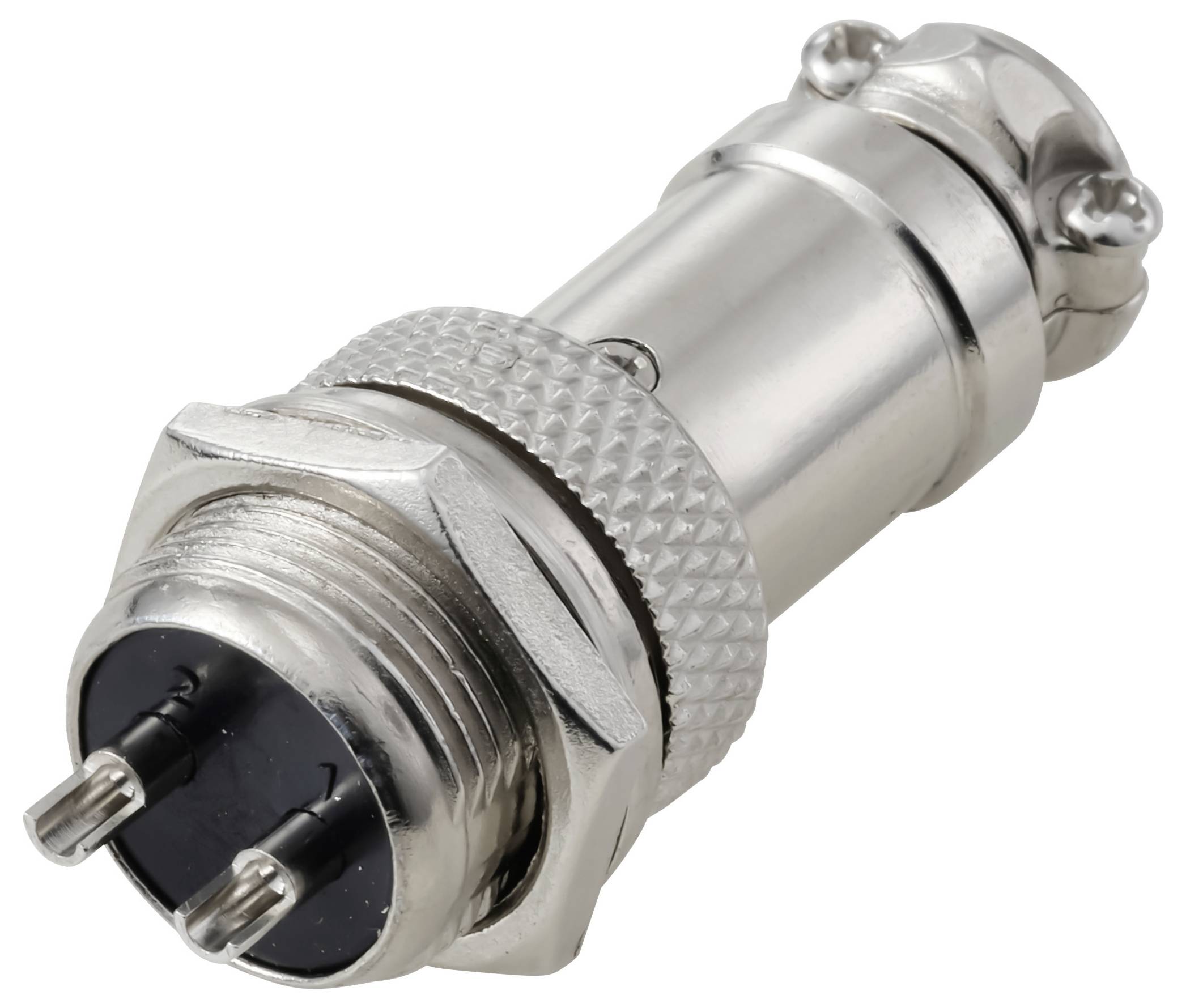 'Een metalen cilindrische connector met een gegroefde greep en twee pennen die uit de voorkant steken, gebruikt voor elektrische of audio-aansluitingen.'