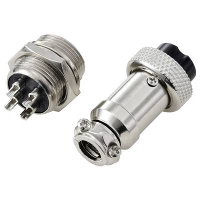 Een metalen elektrische connector met vier pinnen naast de bijbehorende contactdoos, gebruikt voor het beveiligen en bevestigen van elektrische draden.
