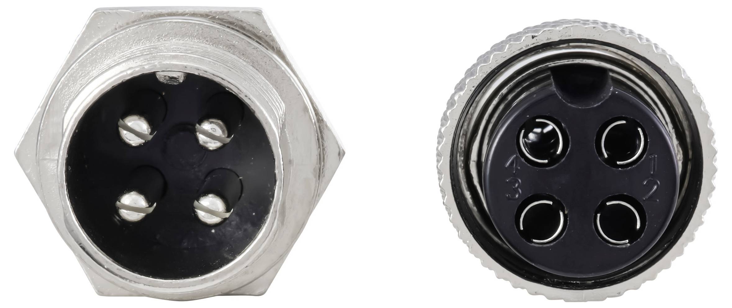Een close-upfoto van een metalen elektrische connector met vier zwarte aansluitingen, waarbij de zeshoekige vorm en de schroefdraadconstructie voor een vaste bevestiging duidelijk zichtbaar zijn.