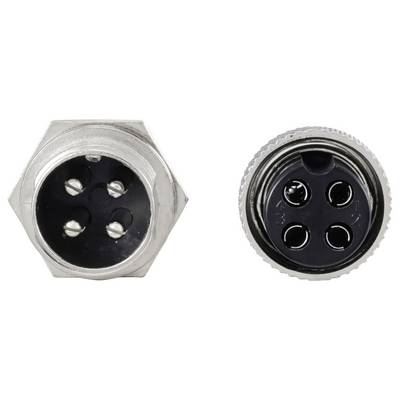 Een close-upfoto van een metalen elektrische connector met vier zwarte aansluitingen, waarbij de zeshoekige vorm en de schroefdraadconstructie voor een vaste bevestiging duidelijk zichtbaar zijn.