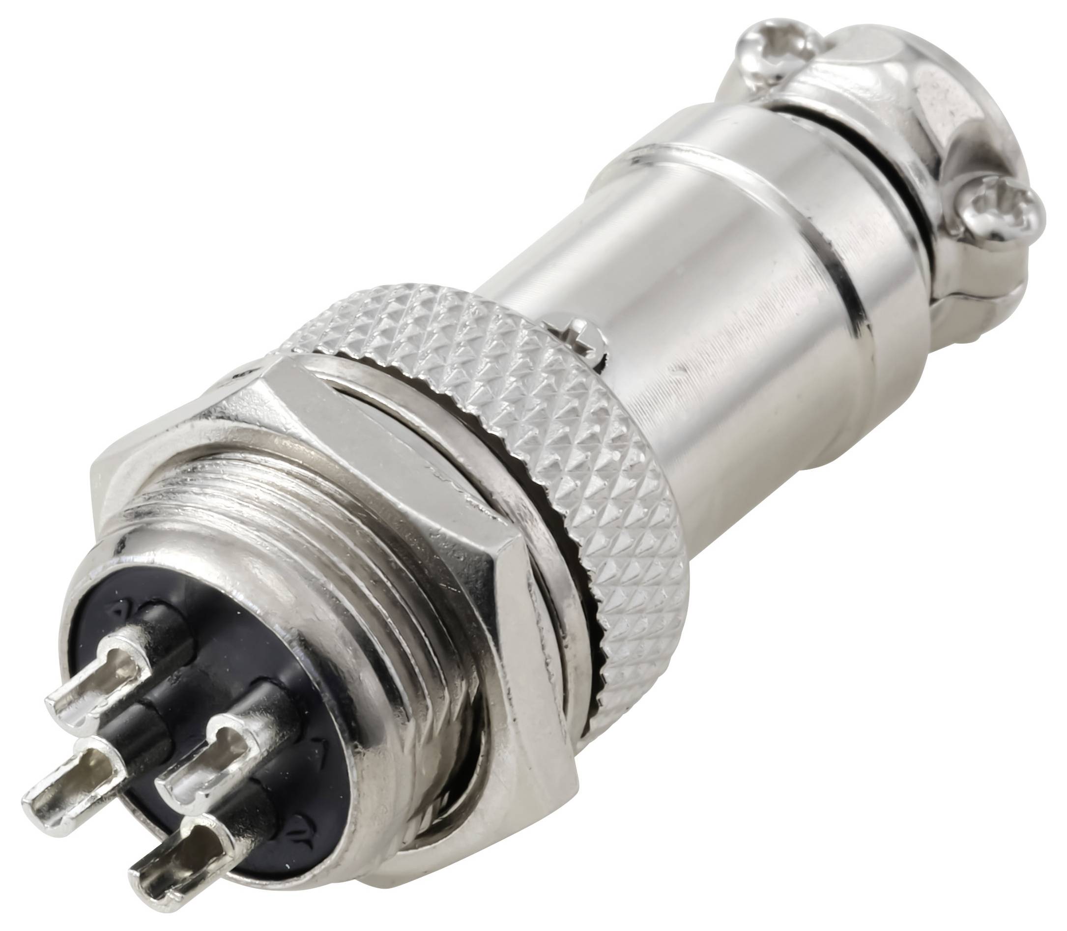 Een close-up van een metalen elektrische connector met vier pinnen en een geschroefde uiteinde, gebruikt voor veilige elektronische verbindingen.