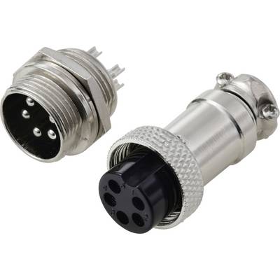 Een metalen ronde connector met pinnen gericht naar een bijpassende aansluiting. De connectorbody is cilindrisch met een gestructureerde sectie voor grip.