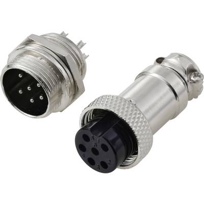 Een close-up van een metalen ronde connector en de bijbehorende stekker, elk met meerdere pinnen en contactpunten, gebruikt voor elektronische verbindingen.