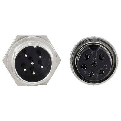 'Twee circulaire elektrische connectors, elk met acht pin-aansluitingen, weergegeven in een metalen behuizing. Één behuizing is zeshoekig, de andere is rond.'