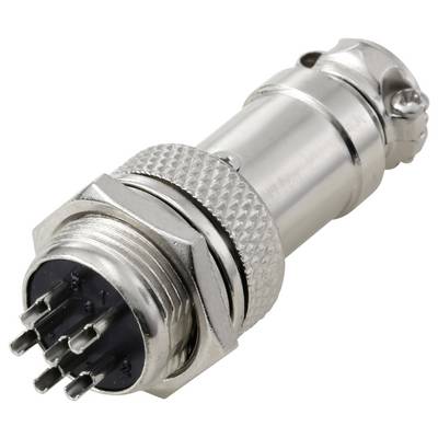 Een metalen multi-pin circulaire connector die wordt gebruikt voor elektronische apparatuur, met een gegroefde grip en vergrendelingsmechanisme voor een veilige bevestiging.