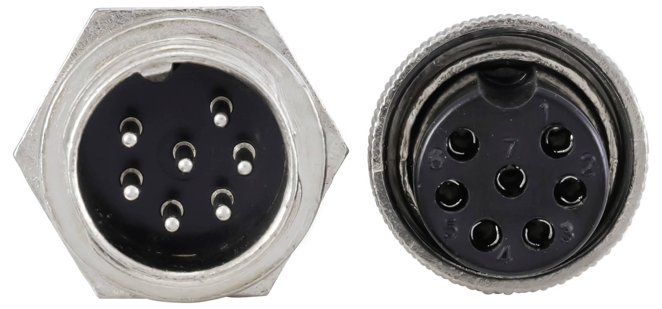 Twee circulaire 7-pins connectoren met metalen behuizingen, bekeken van voren. Elke connector heeft genummerde zwarte contactdozen voor elektrische aansluitingen.