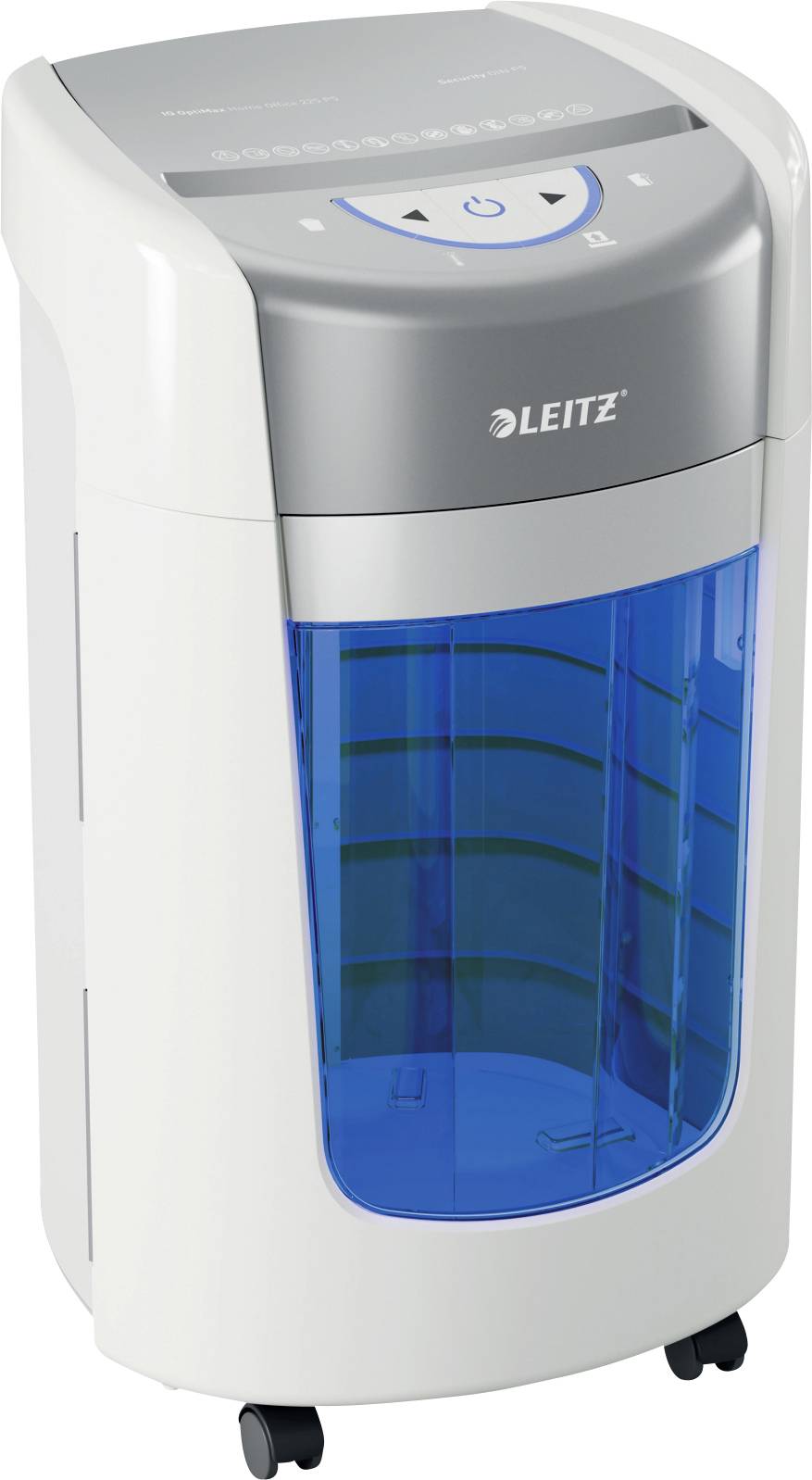 Leitz papiervernietiger, wit en grijs, met een blauw transparant opvangbakje. Beschikt over bedieningsknoppen bovenop en is gemonteerd op wieltjes.