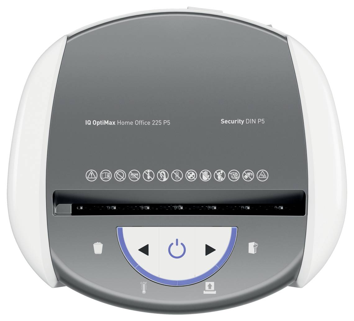 De afbeelding toont het bovenaanzicht van een papiervernietiger met het label 'IQ OptiMax Home Office 225 P5' en 'Security DIN P5', met verschillende bedieningssymbolen voor de papiervernietiger.