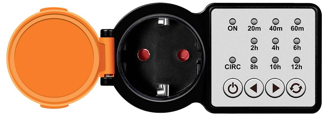 'Programmeerbare elektrische stekkerdoos met timer. Links: contactdoos met open veiligheidsklep. Rechts: knoppen voor AAN, CIRC, tijdsintervallen en vermogen.'