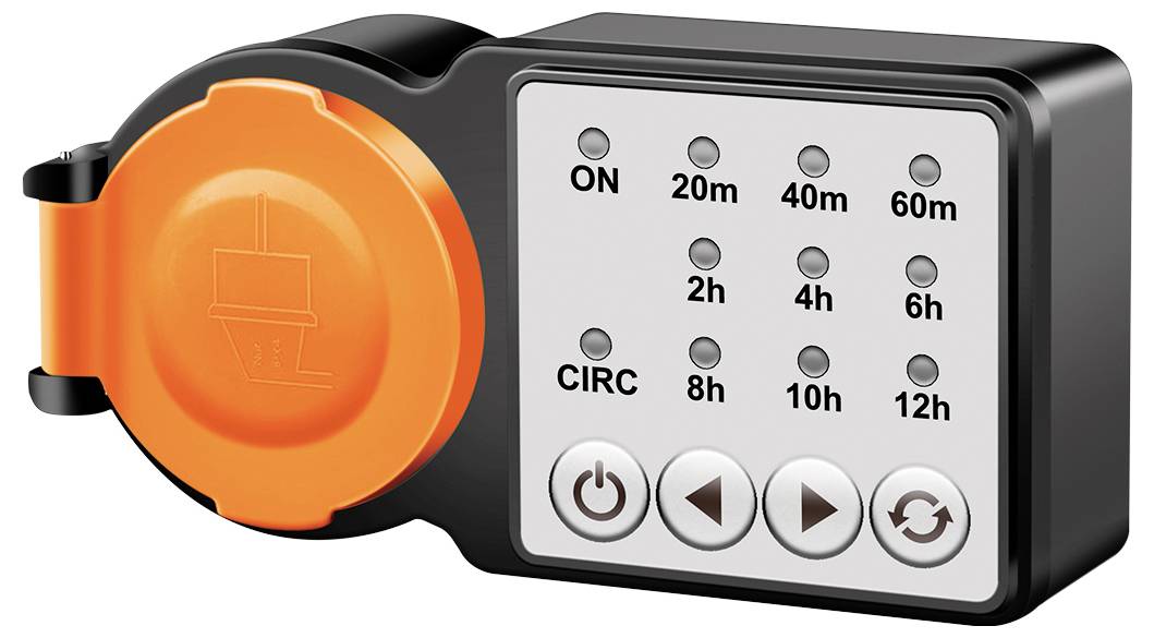Een zwarte en oranje digitale timer met knoppen en LED-indicatoren voor 'AAN, CIRC' en tijdinstellingen van '20m' tot '12u'.
