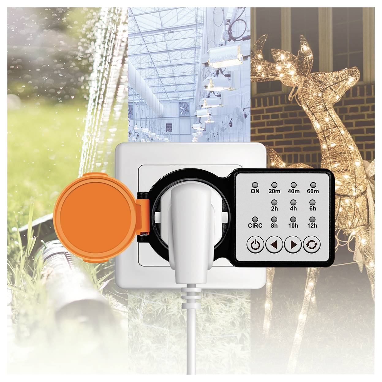 'Een timer met digitale instellingen bestuurt een elektrische stekker. Achtergrond toont tuinirrigatie, een kas en feestverlichting.'
