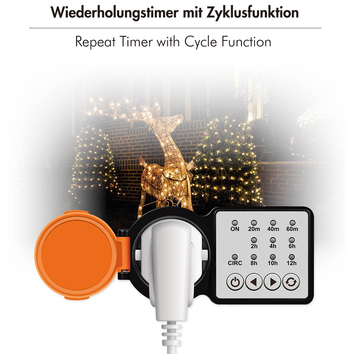 'Herhaaltimer met Cyclusfunctie' aangesloten op een stopcontact, met zijn instellingen zichtbaar. Achtergrond toont decoratieve verlichte rendieren.