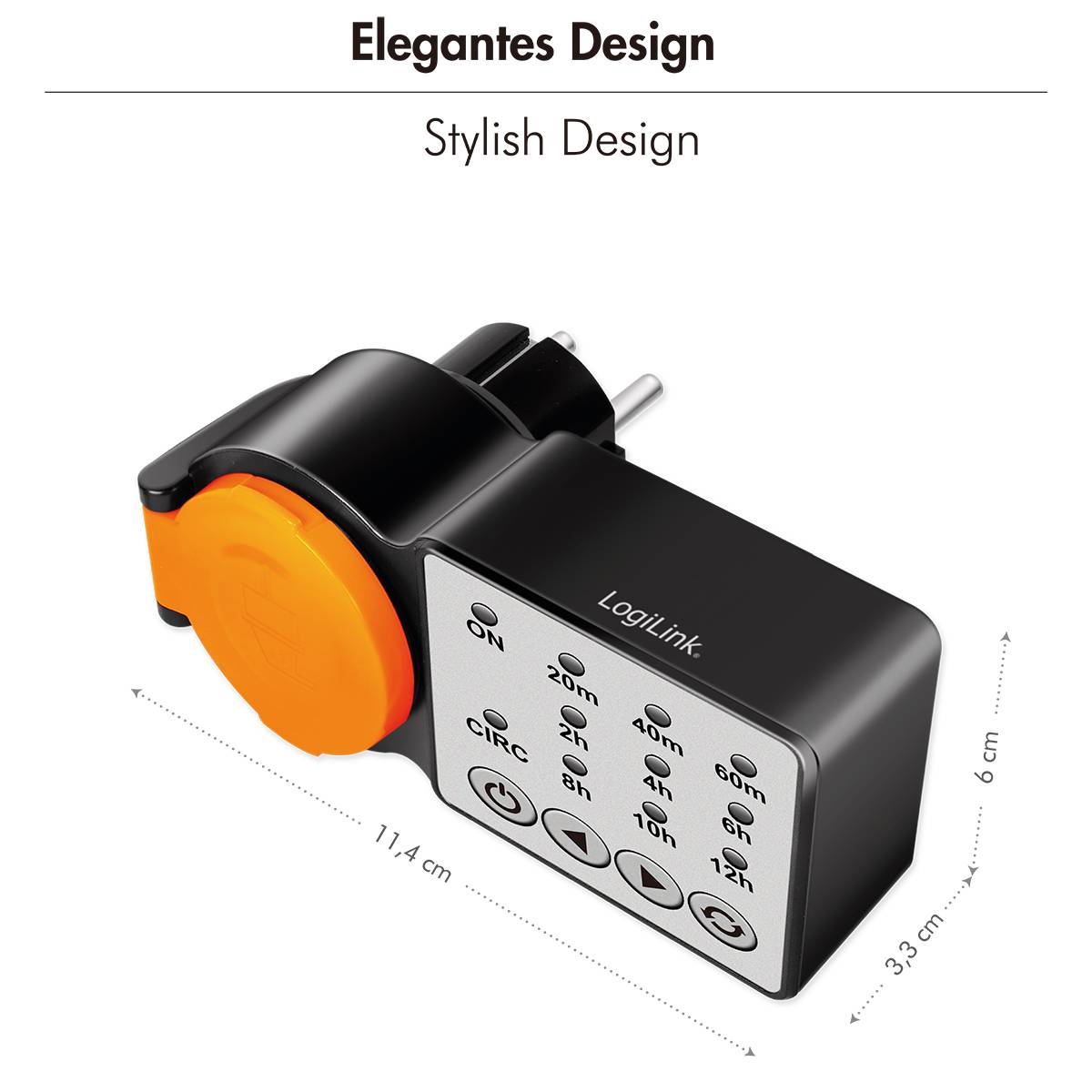 'Stijlvol Design' vermogensstekker met LogiLink-branding, met een bedieningspaneel en meetlabels: 11,4 cm x 6 cm x 3,3 cm.